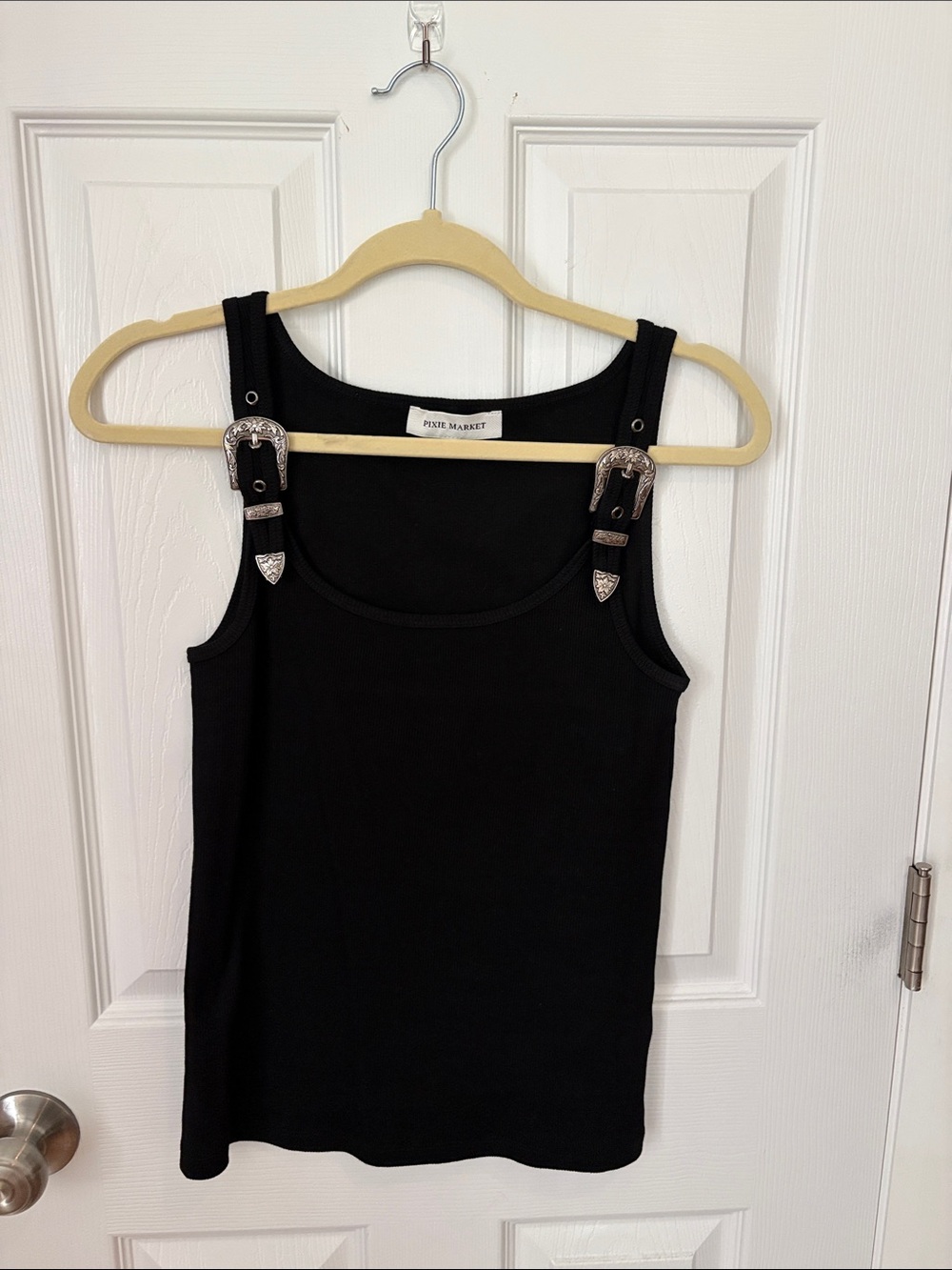 Pixie Market Black Tank Top with Decorative Buckle Straps